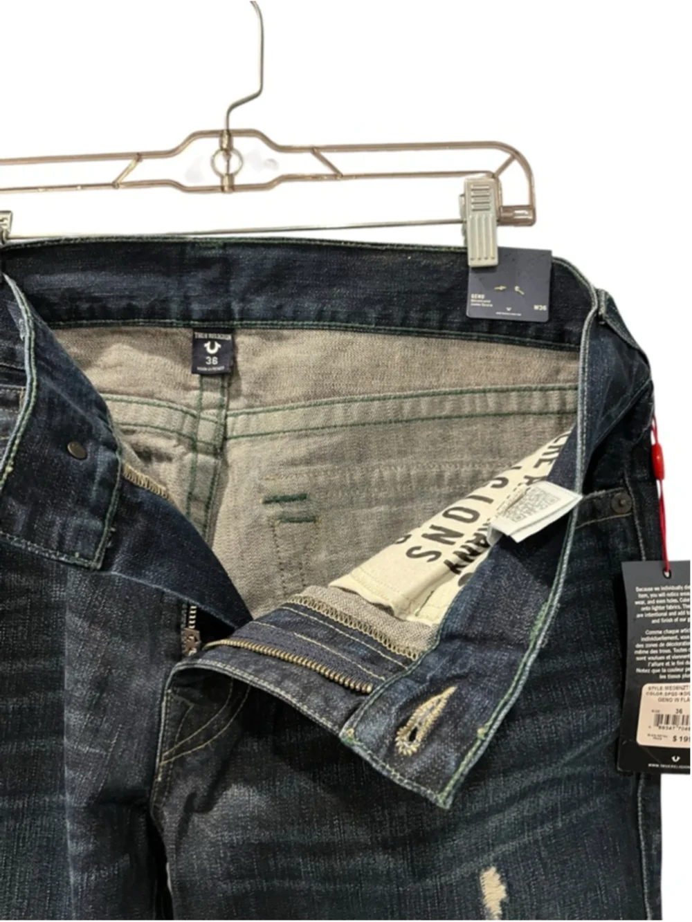 True Religion NWT Geno Slim Jeans Men's Size 36 Distressed Dark Wash Flap Pocket